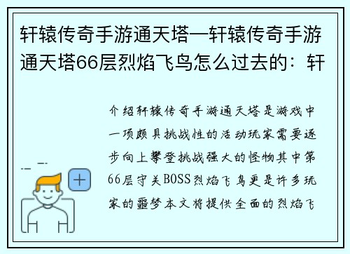 轩辕传奇手游通天塔—轩辕传奇手游通天塔66层烈焰飞鸟怎么过去的：轩辕传奇：通天塔的挑战与荣耀